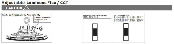 HB2 DIP ปรับเปลี่ยนพลังงานและ 3CCT UFO LED High Bay Light 100W 150LPW ด้วยฟังก์ชันฉุกเฉินเป็นตัวเลือก