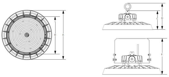 100W 150W 200W 150lm/W DUALRAYS LIGHTING HB5 UFO LED High Bay Light IP65 IK08 คลังสินค้าโคมไฟอุตสาหกรรมพร้อมเซนเซอร์ตัวเลือก